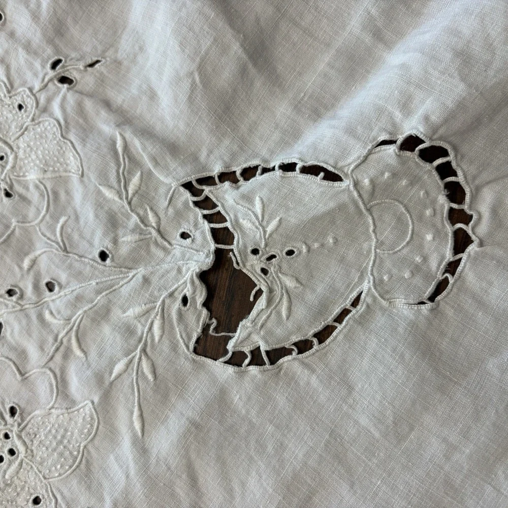 Vintage Madeira Cutwork Linen Tablecloth Floral Urn Scalloped Edge